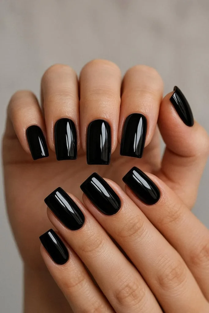 Black gloss square nails patent lacquer edgy chic manicure