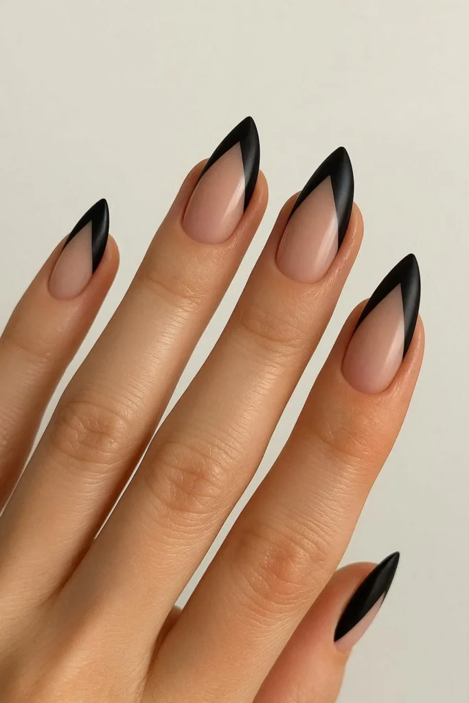 Black V cut French tip nails geometric modern design