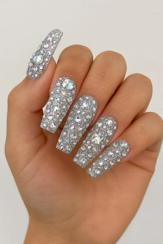 Bling coffin nails with rhinestones glitter and crystal gems 
