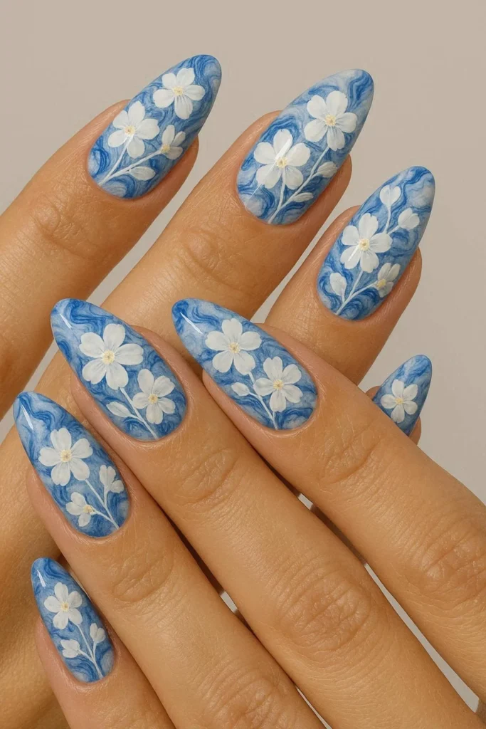 Blue and white marble effect nails with floral nail design
