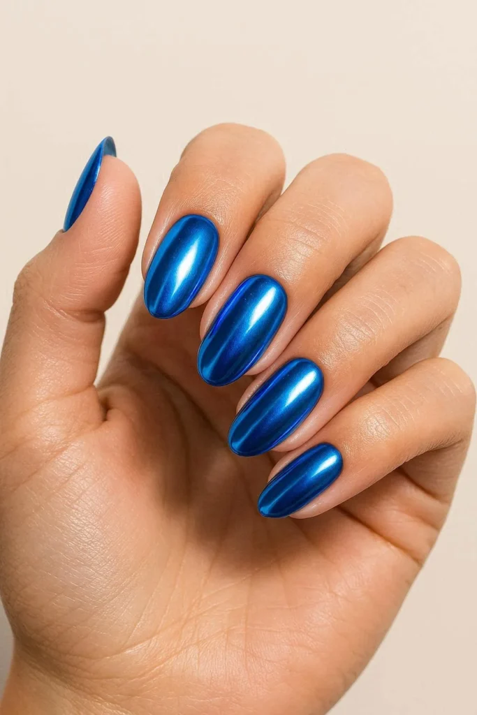 Metallic blue chrome holiday nails for Memorial Day