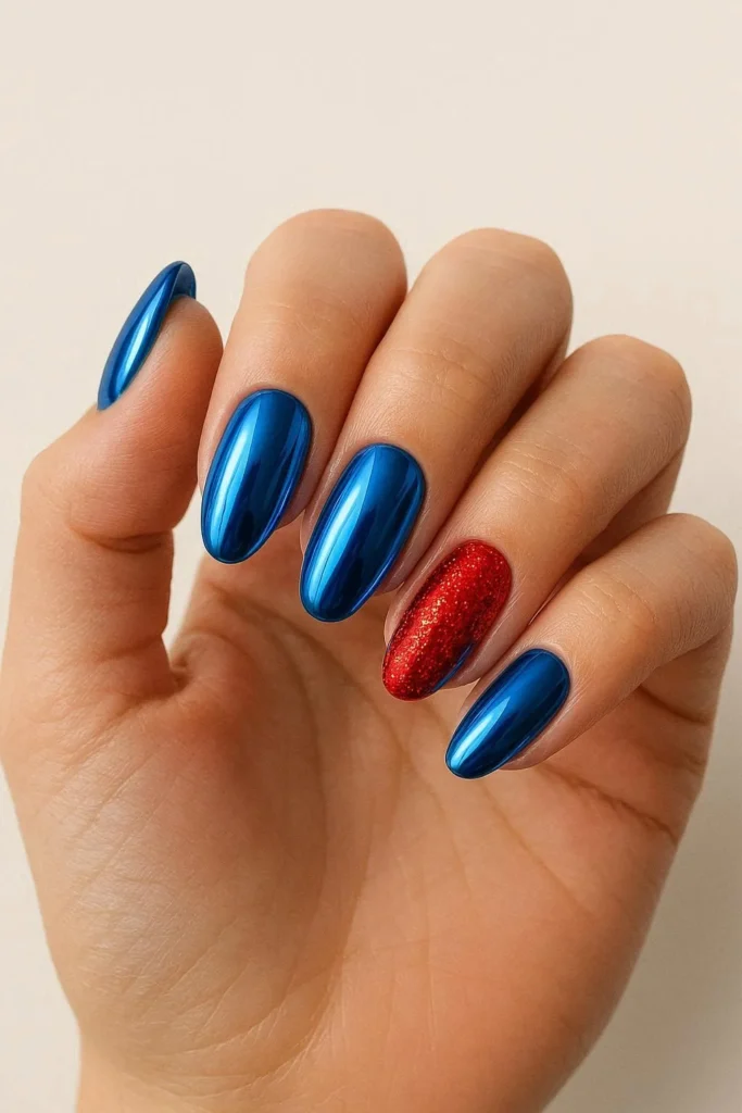 Metallic blue chrome nails for 4th of July holiday