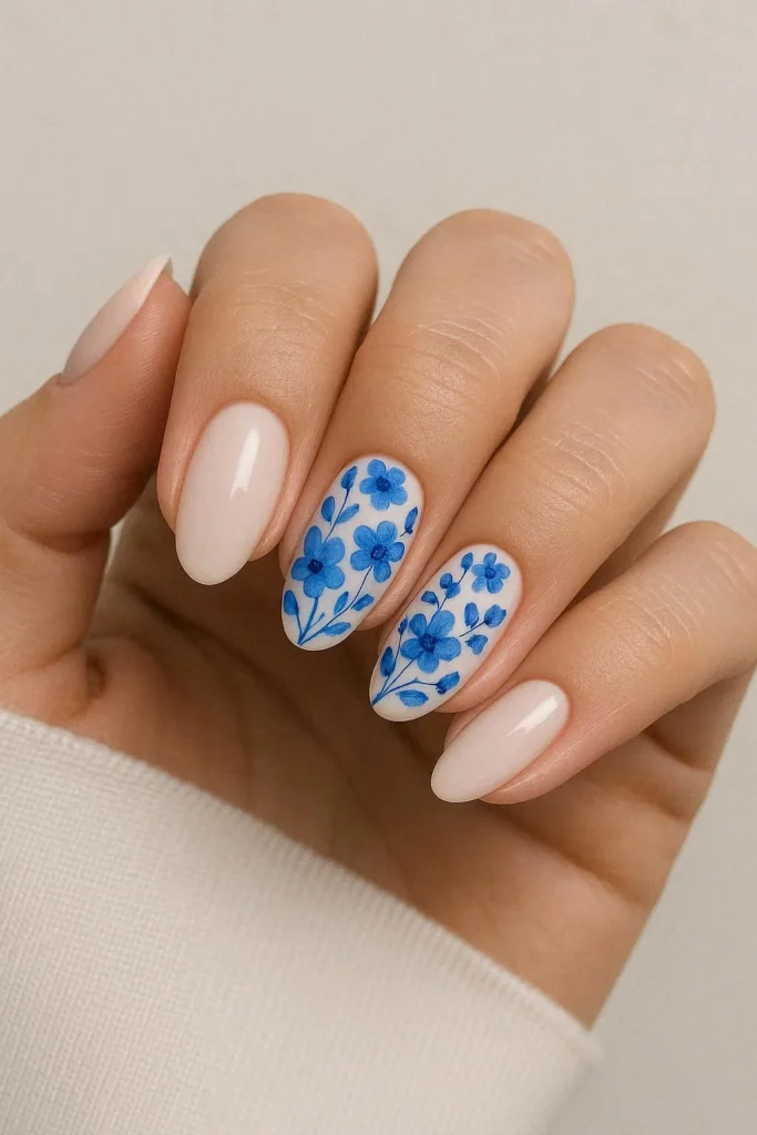 Blue floral accent nail design with simple base nails 

