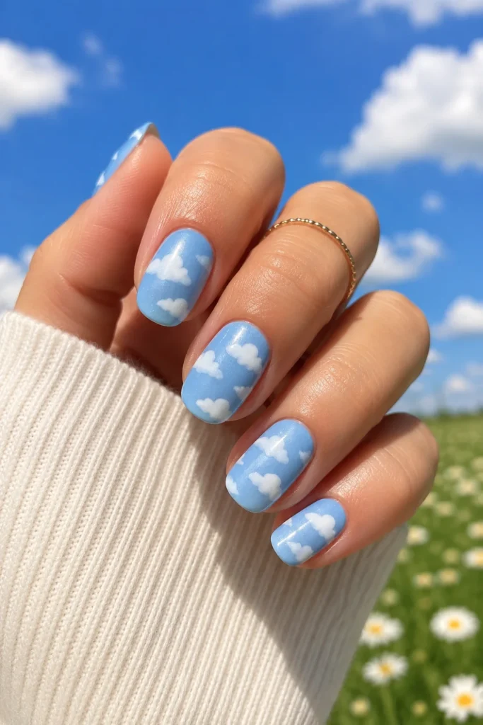 Blue sky cloud nails baby blue fluffy white clouds summer
