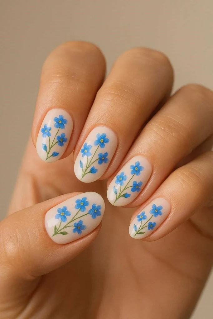 Blue wildflower nail designs with tiny blue florals on neutral 
