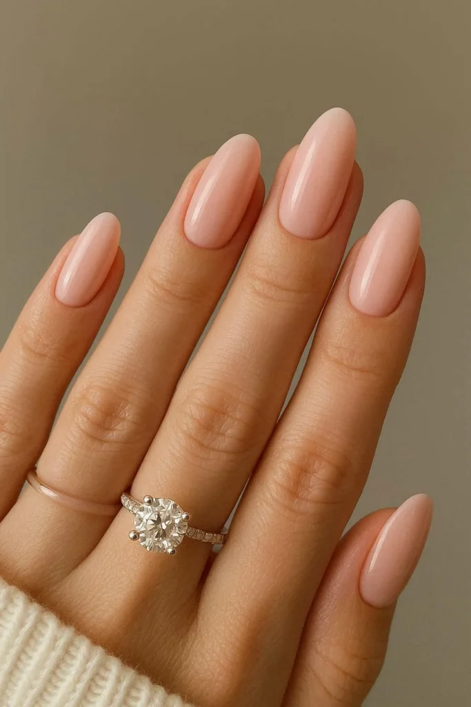 Blush pink engagement nails soft romantic feminine design 
