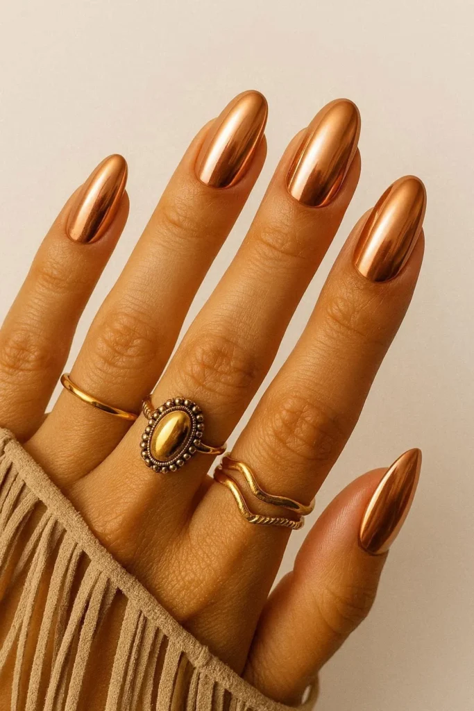 Boho chrome nails in warm copper tones for festival season