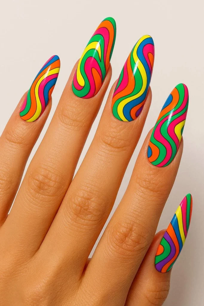 Bold festival pucci nails with oversized colorful abstract patterns