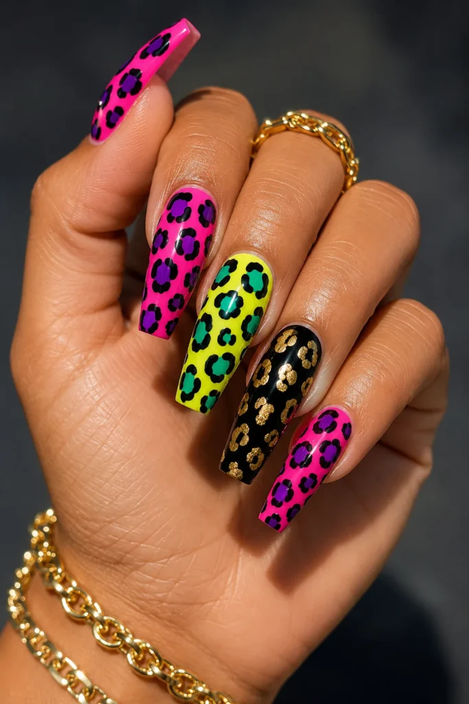 Bright animal print nails in hot pink leopard on coffin shape