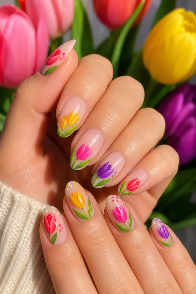 Bright spring tulip nails with vibrant colorful floral designs