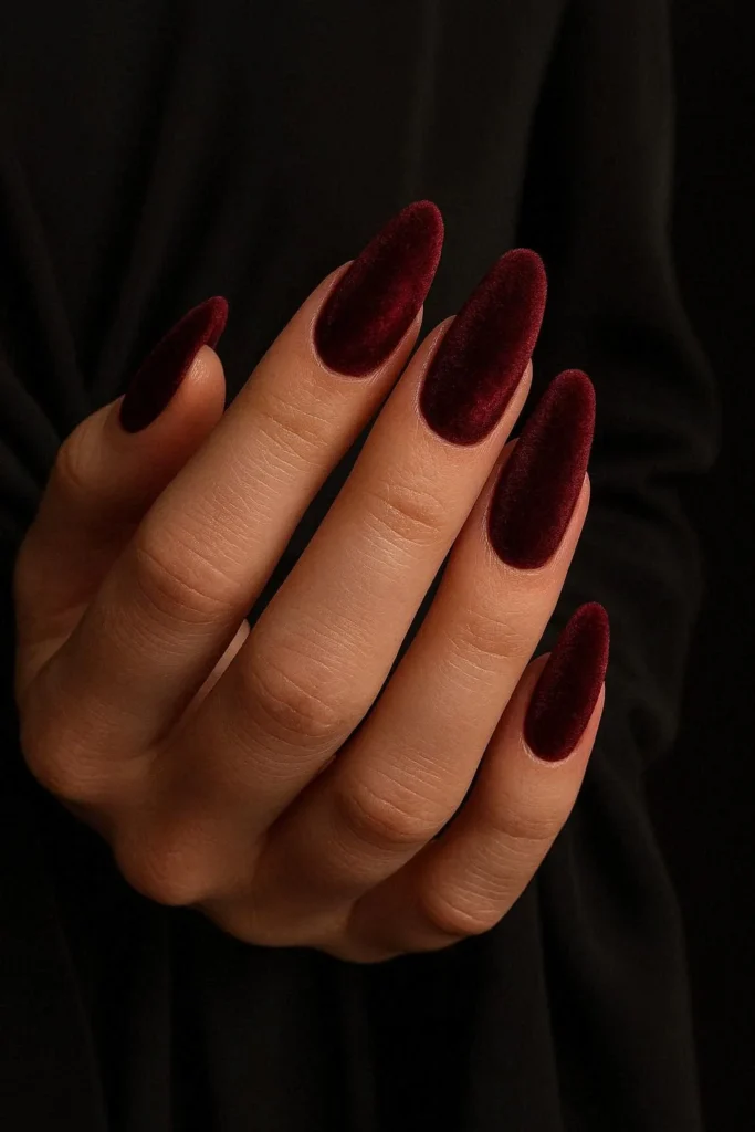 Burgundy velvet nails for glamorous homecoming evening 