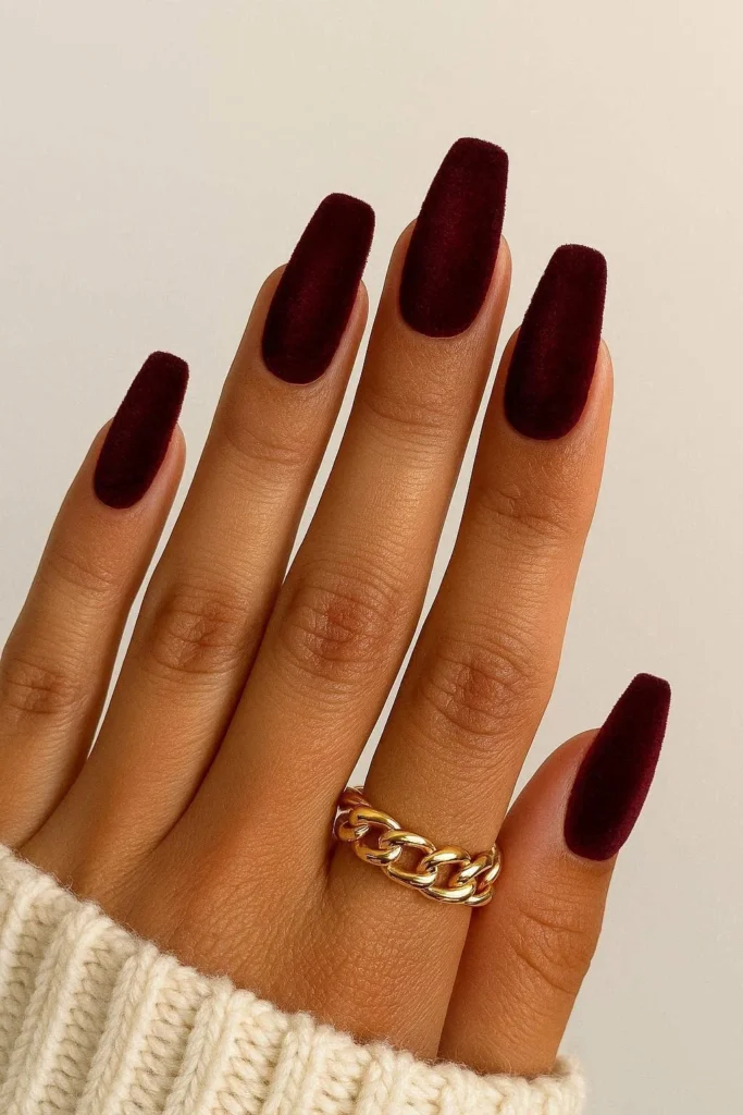 Burgundy velvet matte nails for October fall season