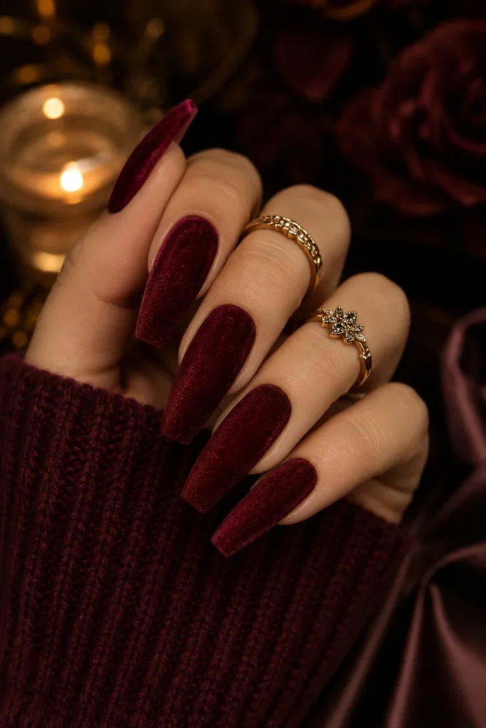 Burgundy velvet matte coffin nails for elegant Thanksgiving manicure
