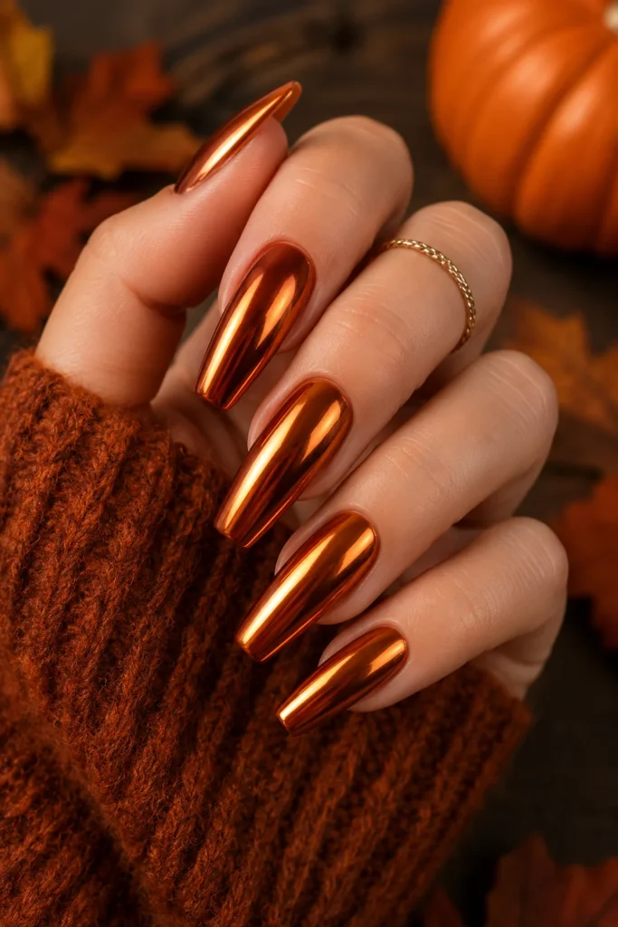 Burnt orange chrome coffin nails for trendy Thanksgiving nail ideas