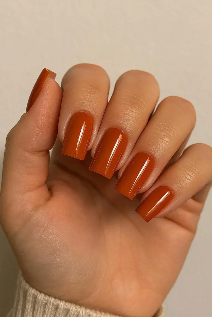 Burnt orange glossy square nails warm earthy terracotta manicure