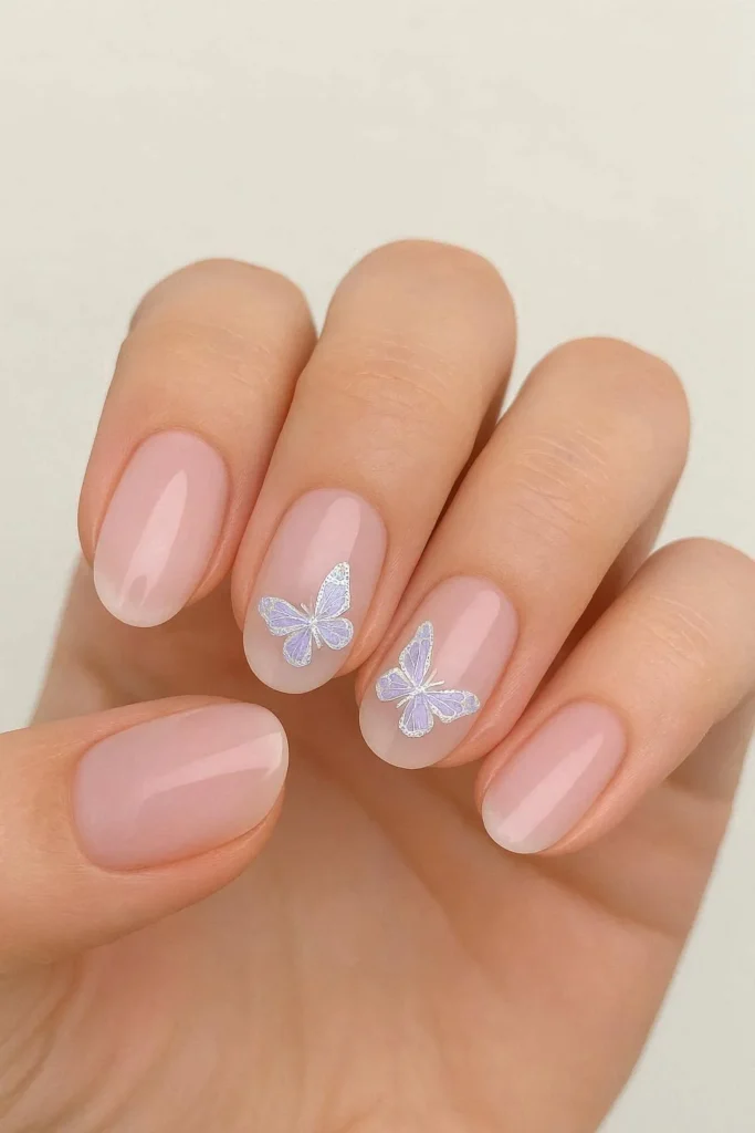 Butterfly accent nails with soft spring pastel tones 