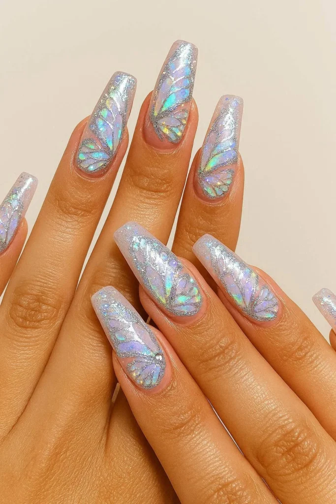 Butterfly baddie nails with glitter iridescent wings and rhinestones