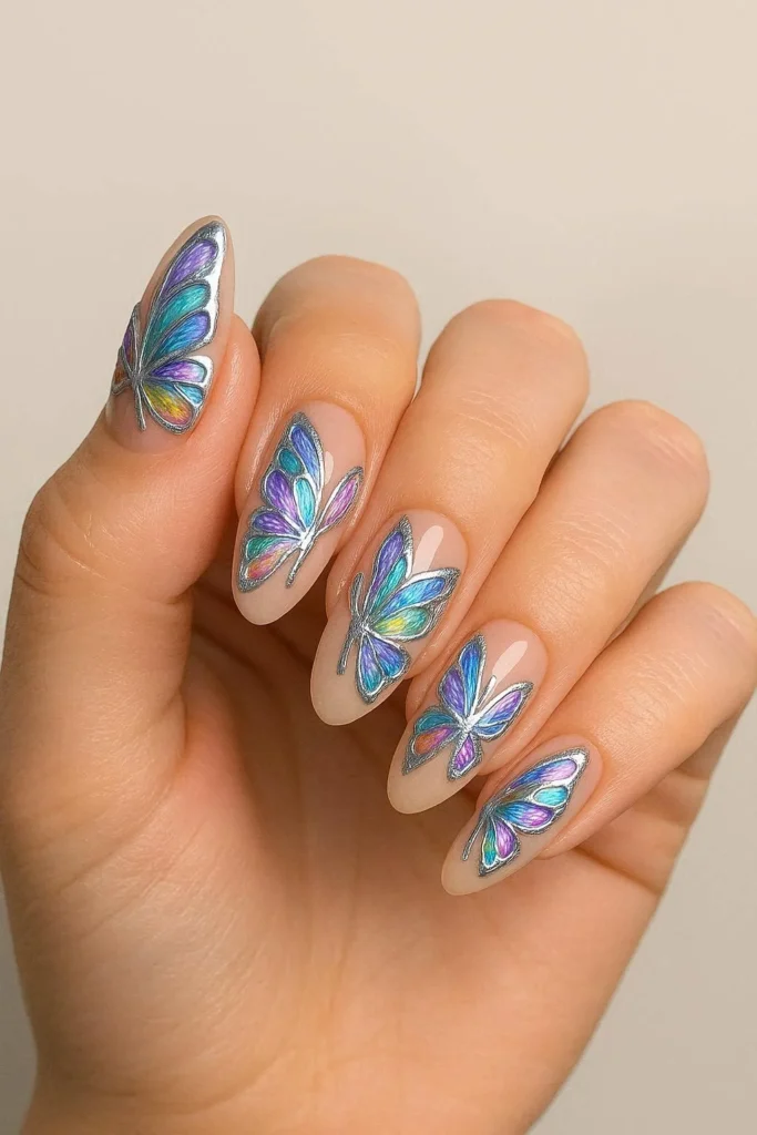 Colorful butterfly festival nails with glossy iridescent finish