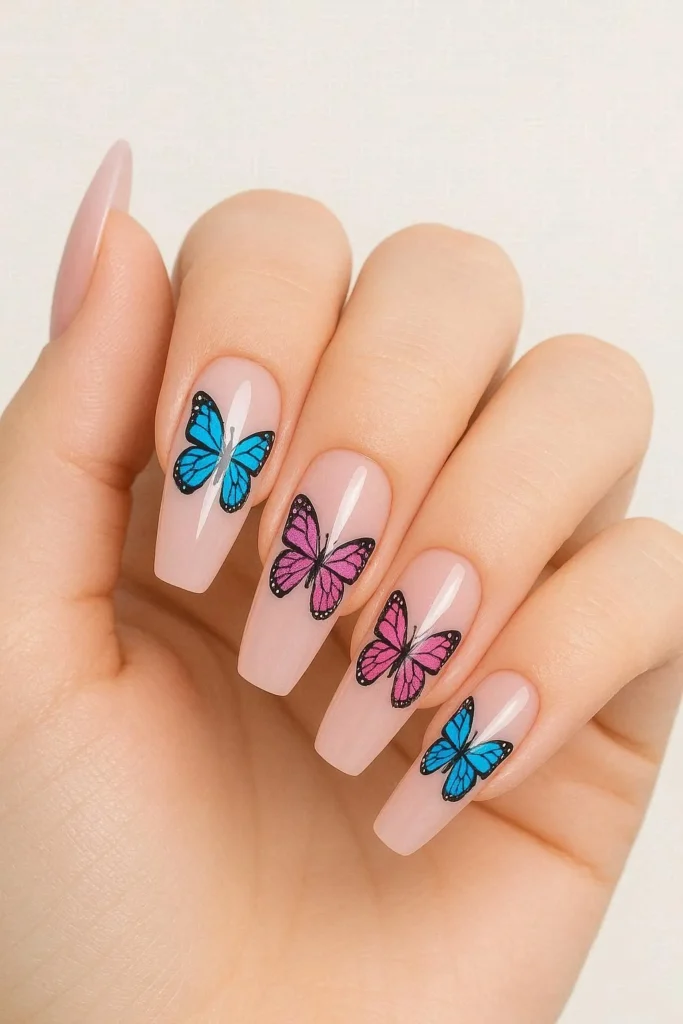 Colorful butterfly decal Y2K nails with glossy finish 