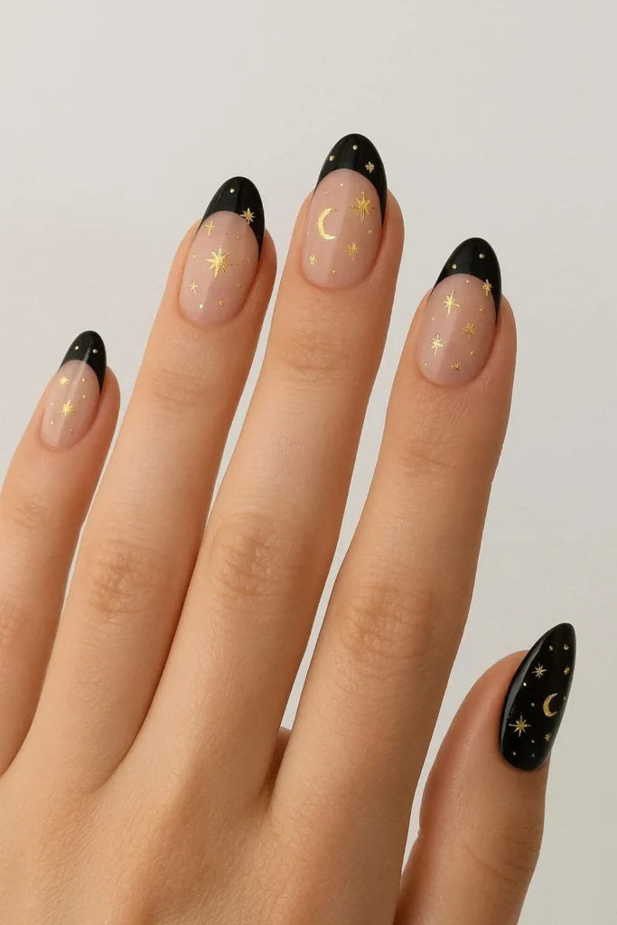 Celestial black French tip nails with stars and moon art