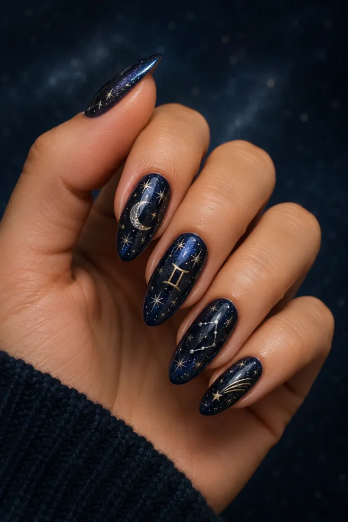 Celestial Gemini nails with moon star shimmer accents 