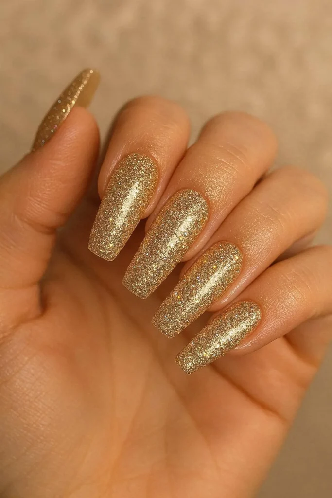 Champagne gold glitter nails for Christmas and New Year glam