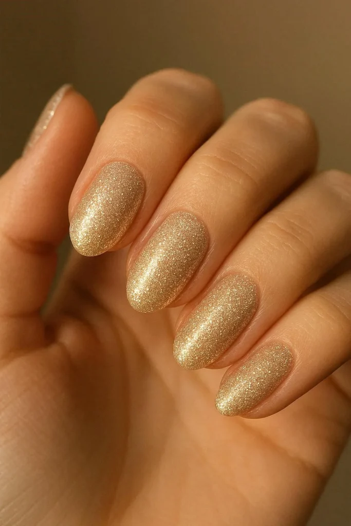 Champagne glitter engagement nails soft warm sparkle finish 