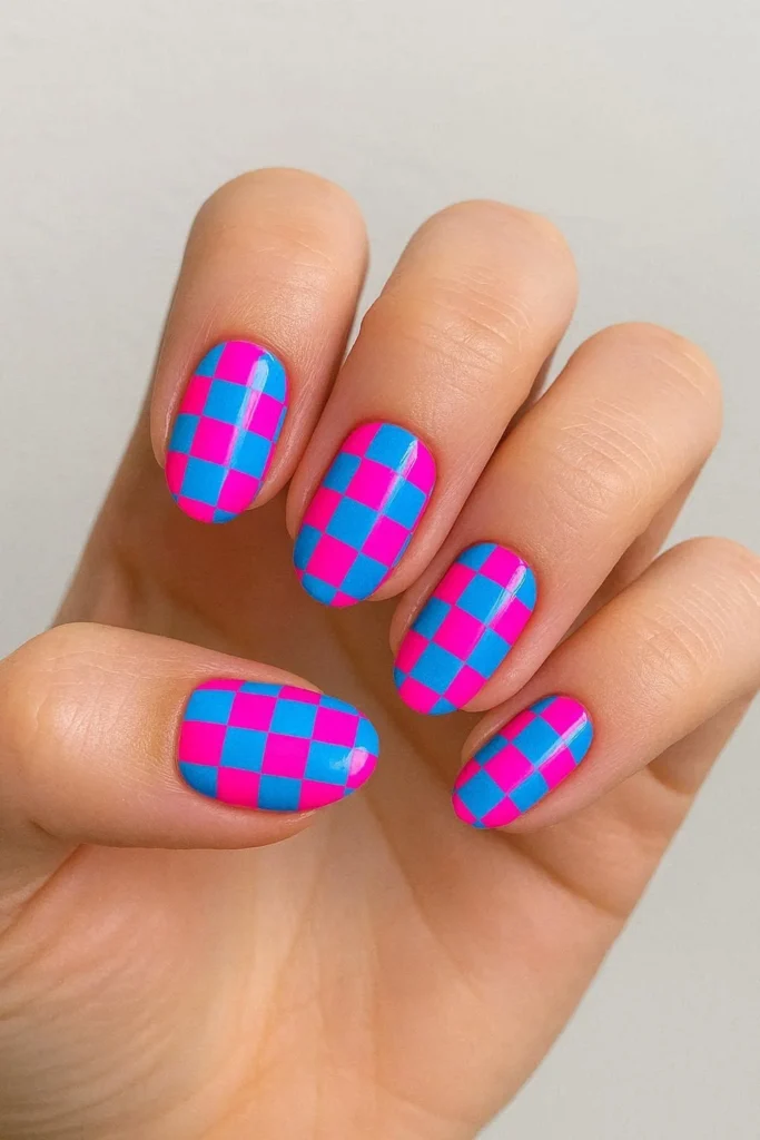 Bold checkerboard pattern nails in bright retro shades