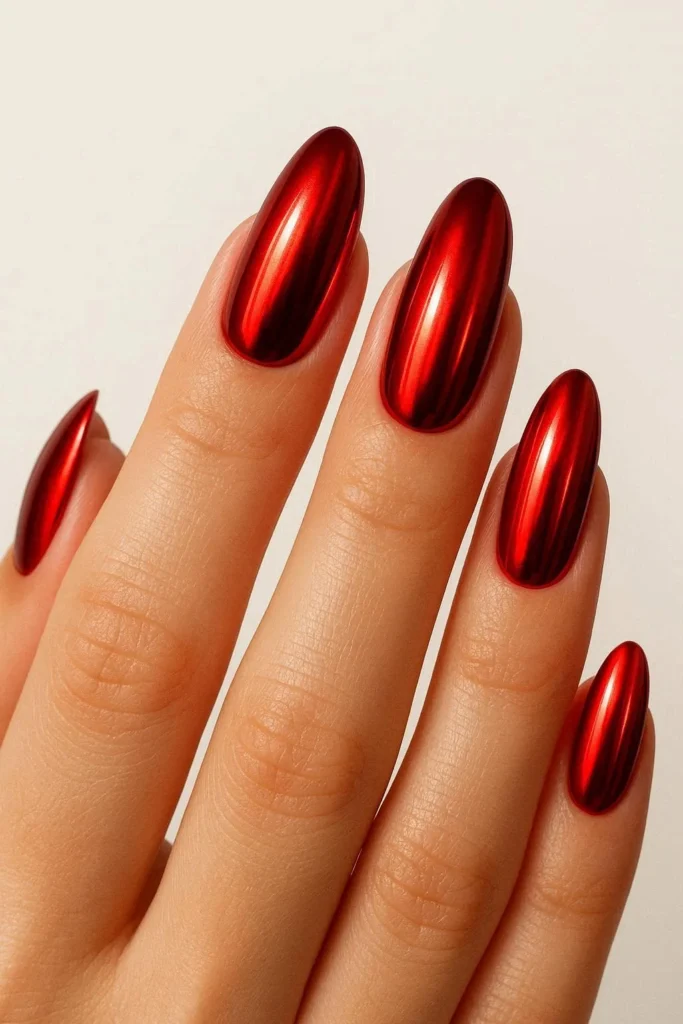 Cherry red chrome nails with bold glossy metallic finish