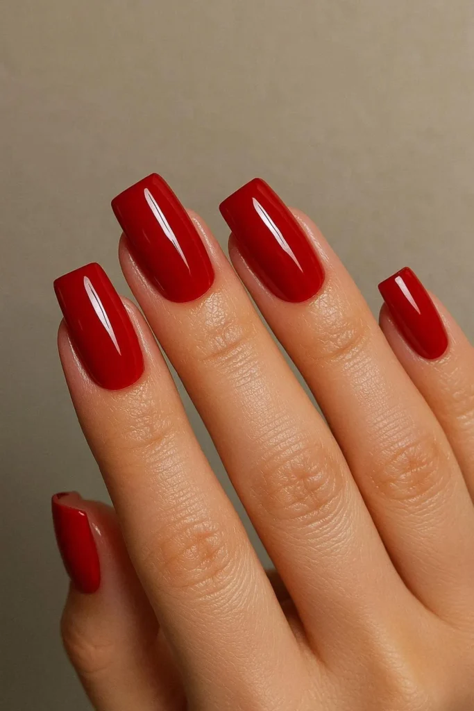Cherry red glossy square nails bold classic power manicure 