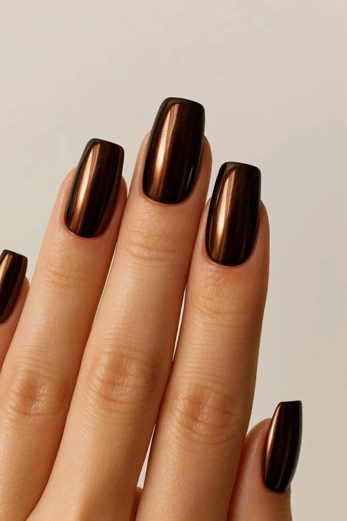 Chocolate brown chrome mirror nails for autumn