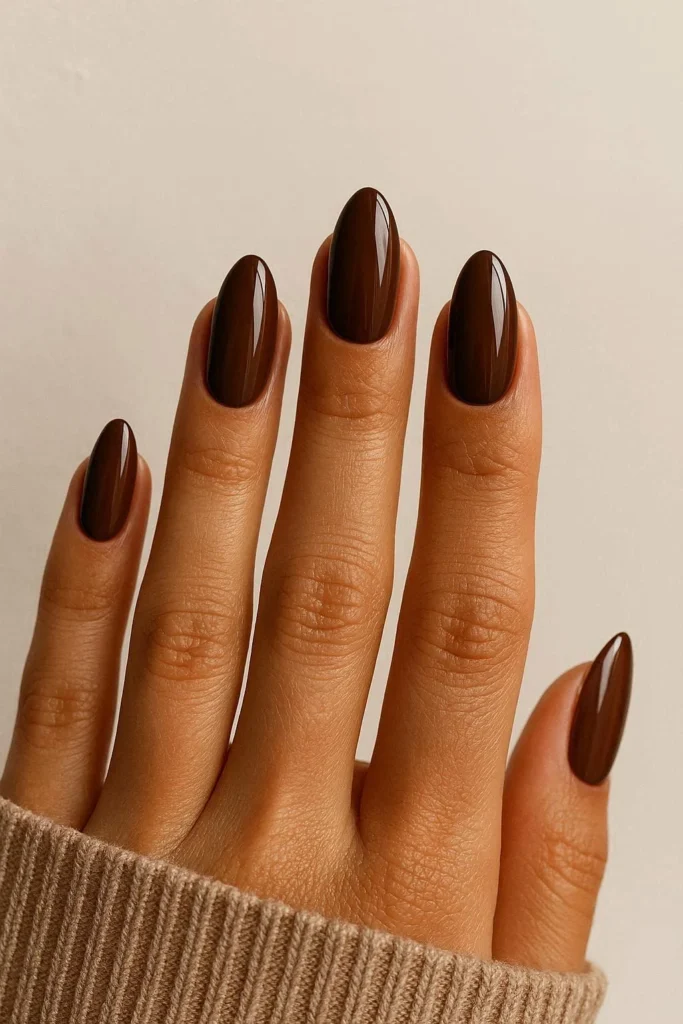Rich chocolate brown glossy nails with elegant vibes