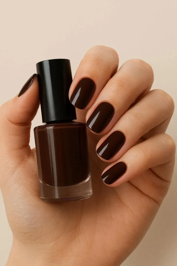 Chocolate brown plain nail ideas with deep rich solid finish 