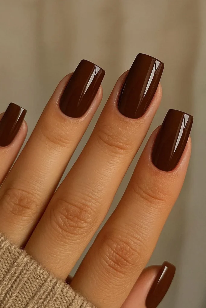 Chocolate brown glossy square nails rich warm nail color