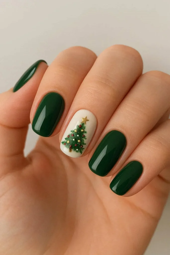 Christmas tree hand-painted accent nails green holiday design