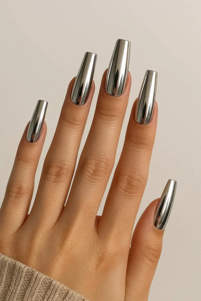 Chrome coffin nails with long reflective metallic finish