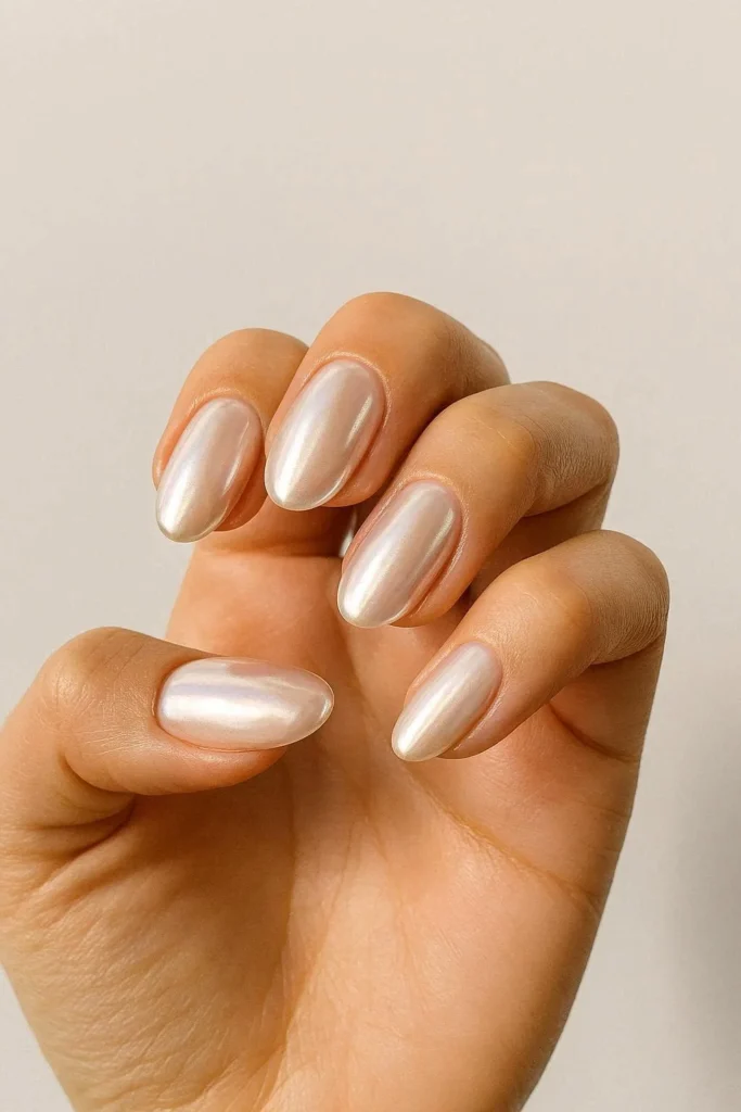 Chrome glazed donut nails with pearl iridescent finish 