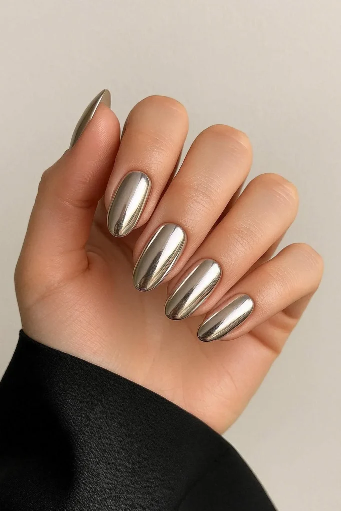 Chrome graduation nails with mirror-like silver glam finish