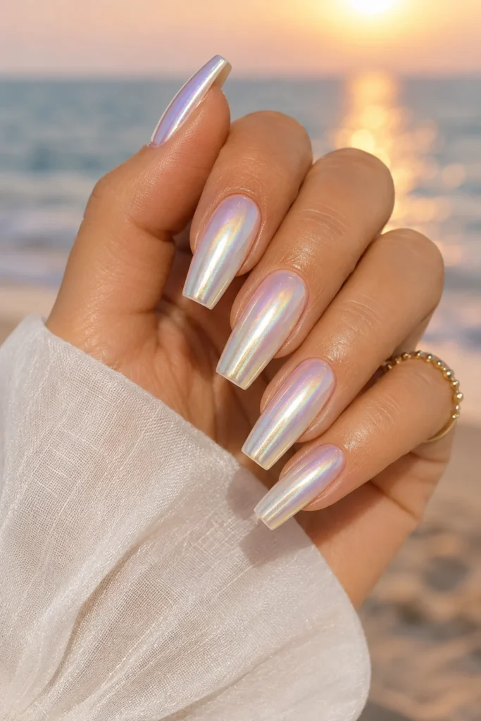 Chrome pearl summer nails iridescent shimmer manicure
