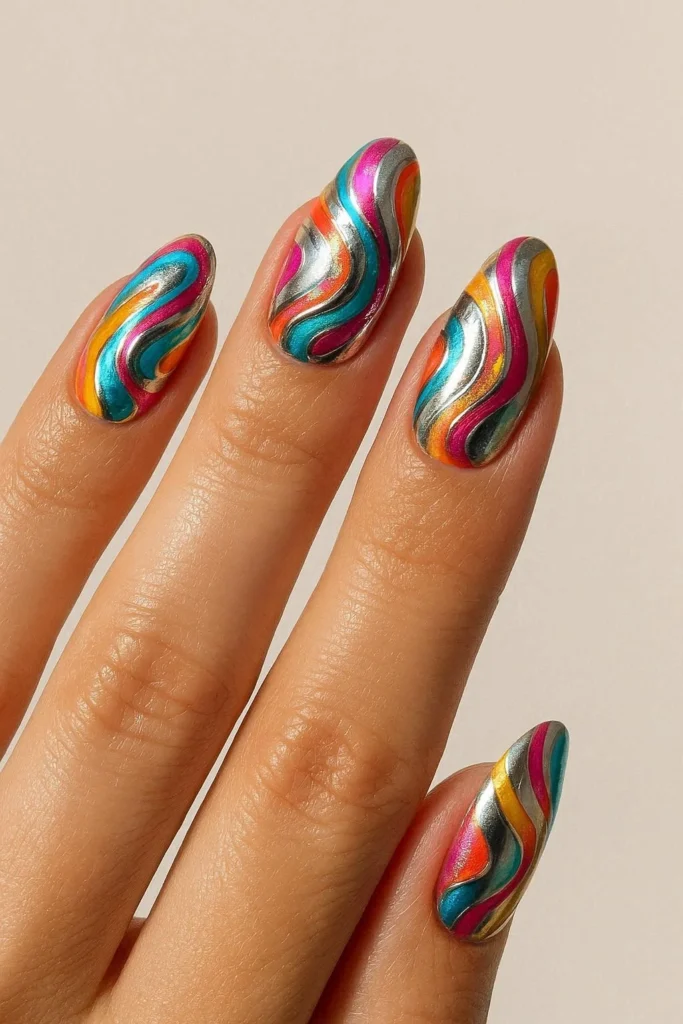Chrome pucci nails with metallic accents and colorful abstract swirls
