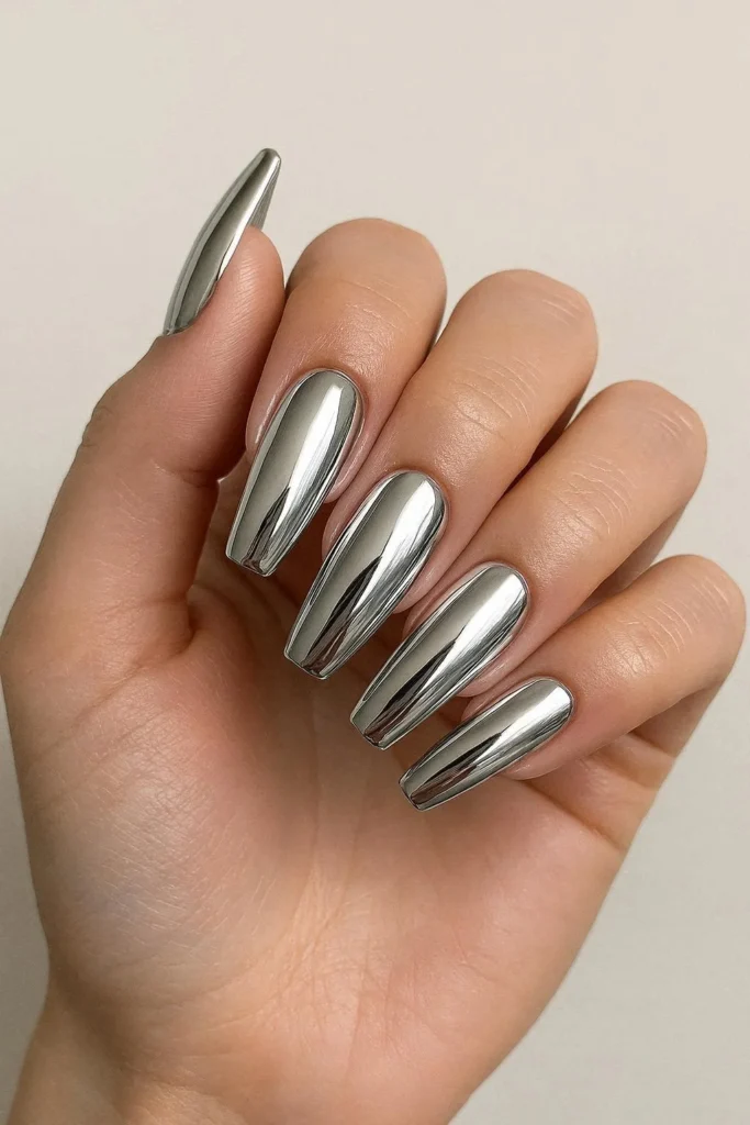 Chrome silver baddie nails with liquid metal mirror finish