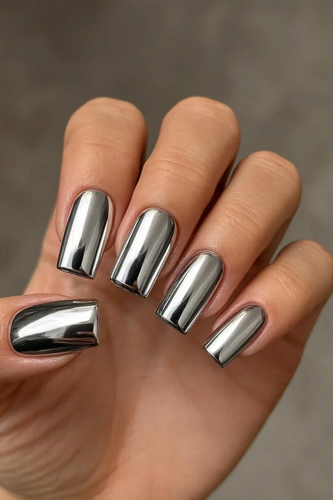 Chrome silver mirror finish square nails futuristic manicure 