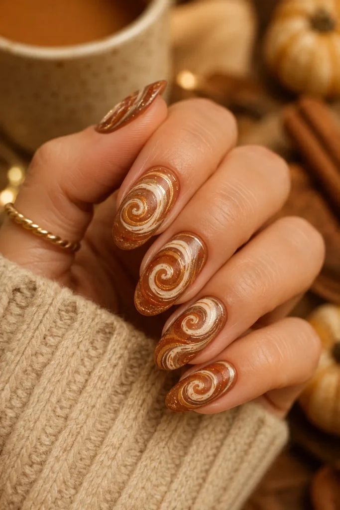 Cinnamon swirl nail art design in warm brown tones for fall