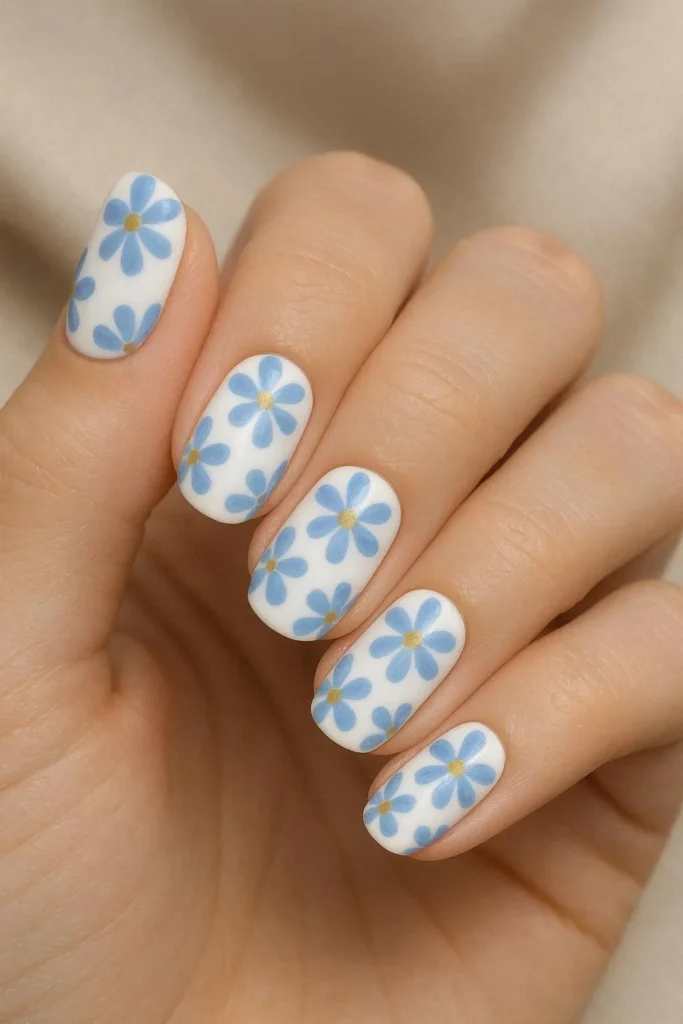 Classic blue and white daisy floral nail design 