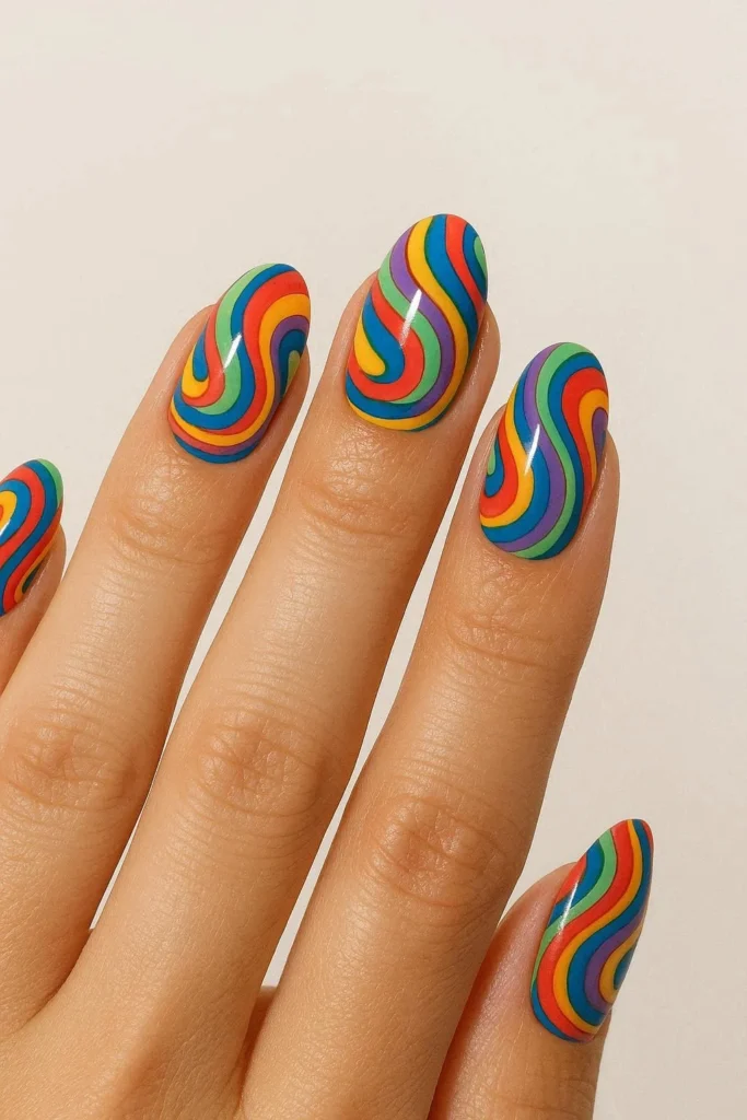 Classic colorful pucci swirl nails with bold retro patterns
