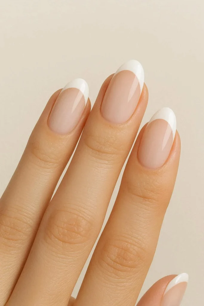  Classic French oval nails with crisp white tips on natural base