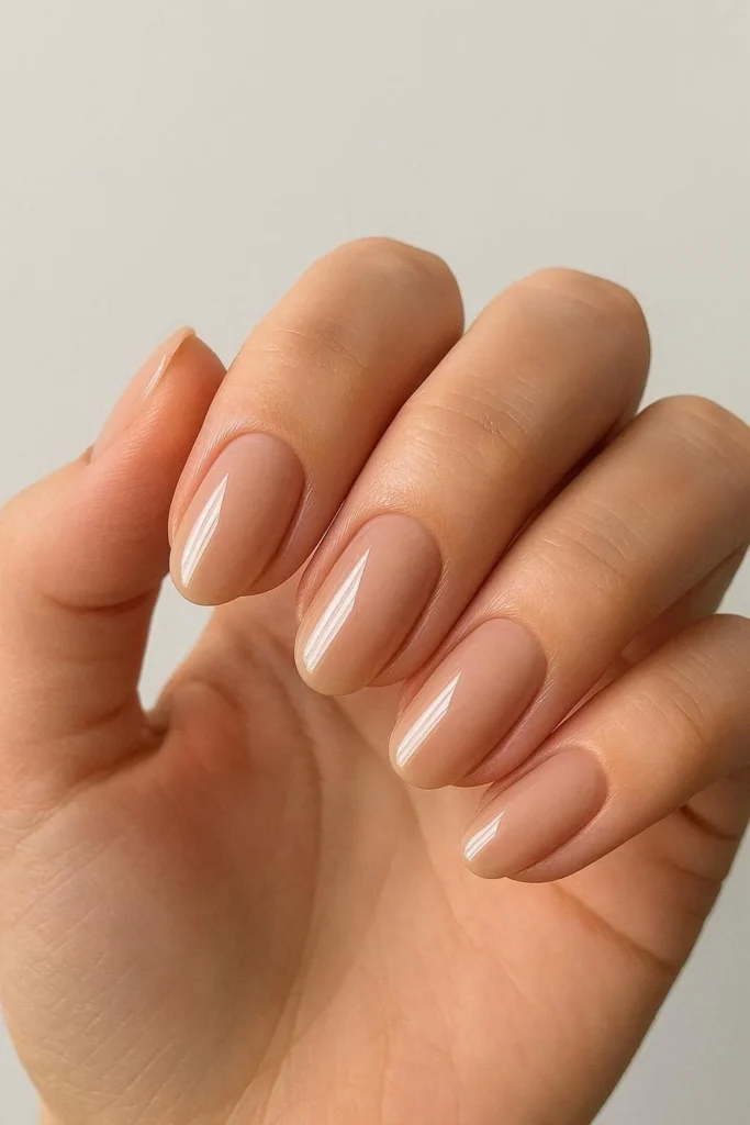 Classic nude graduation nails with elegant glossy finish