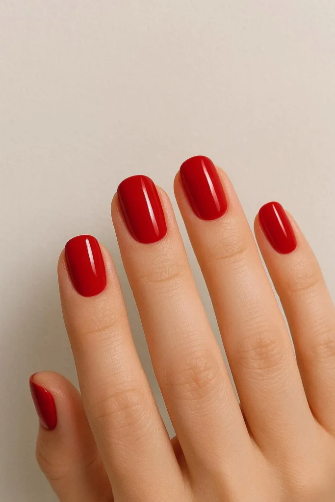 Classic red plain nail ideas with bold glossy timeless finish