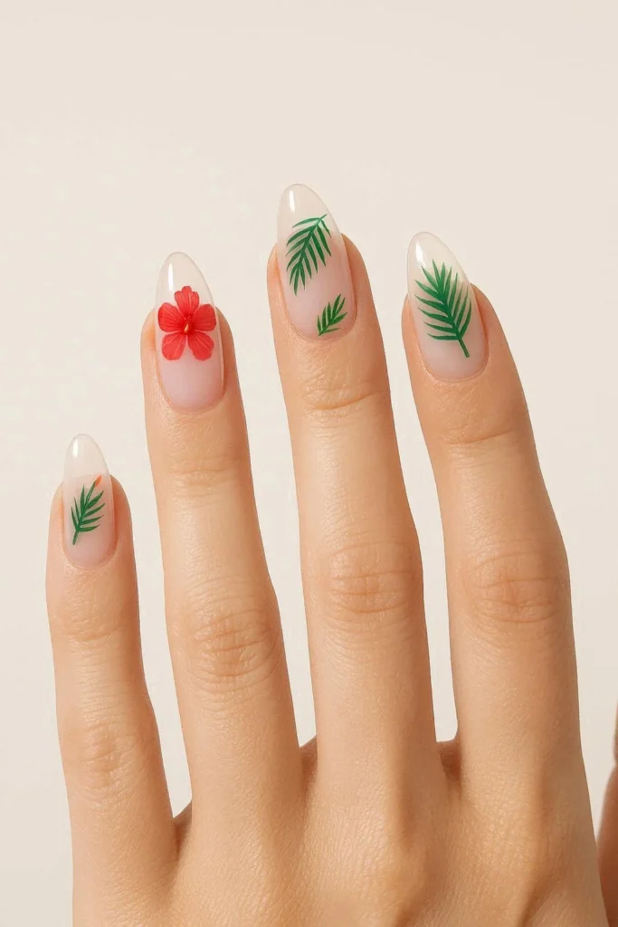 Clear base tropical almond nails with floating hibiscus and palm art