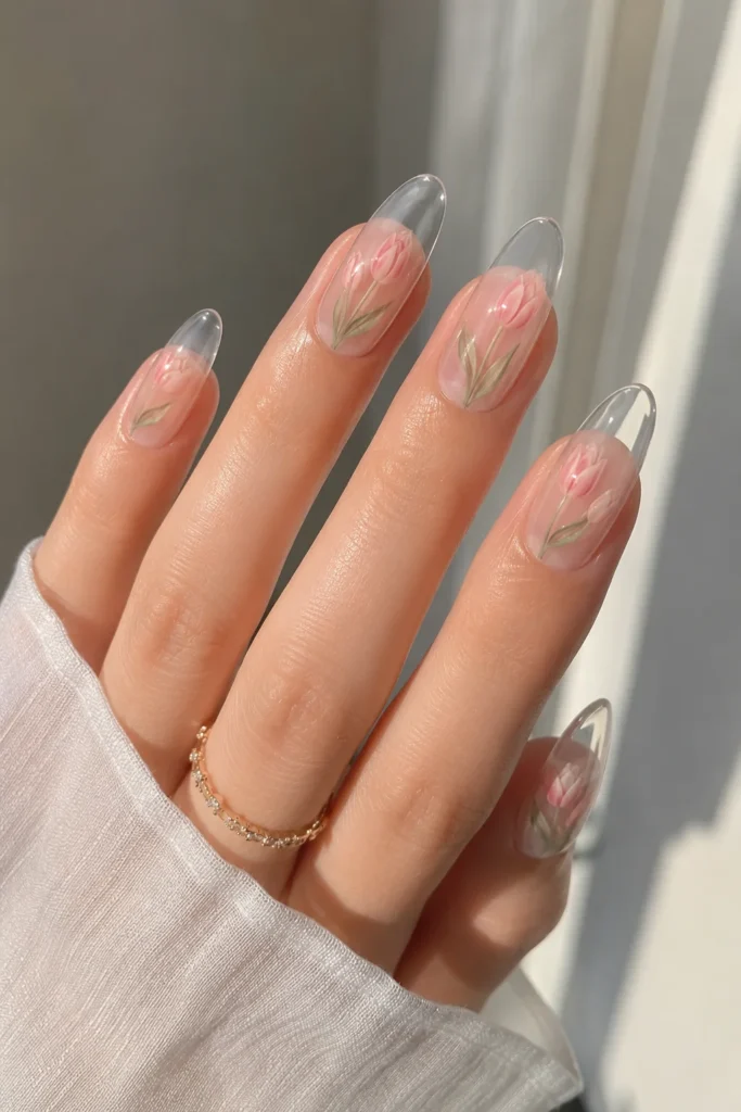 Clear base tulip nails with floating floral designs on transparent finish 